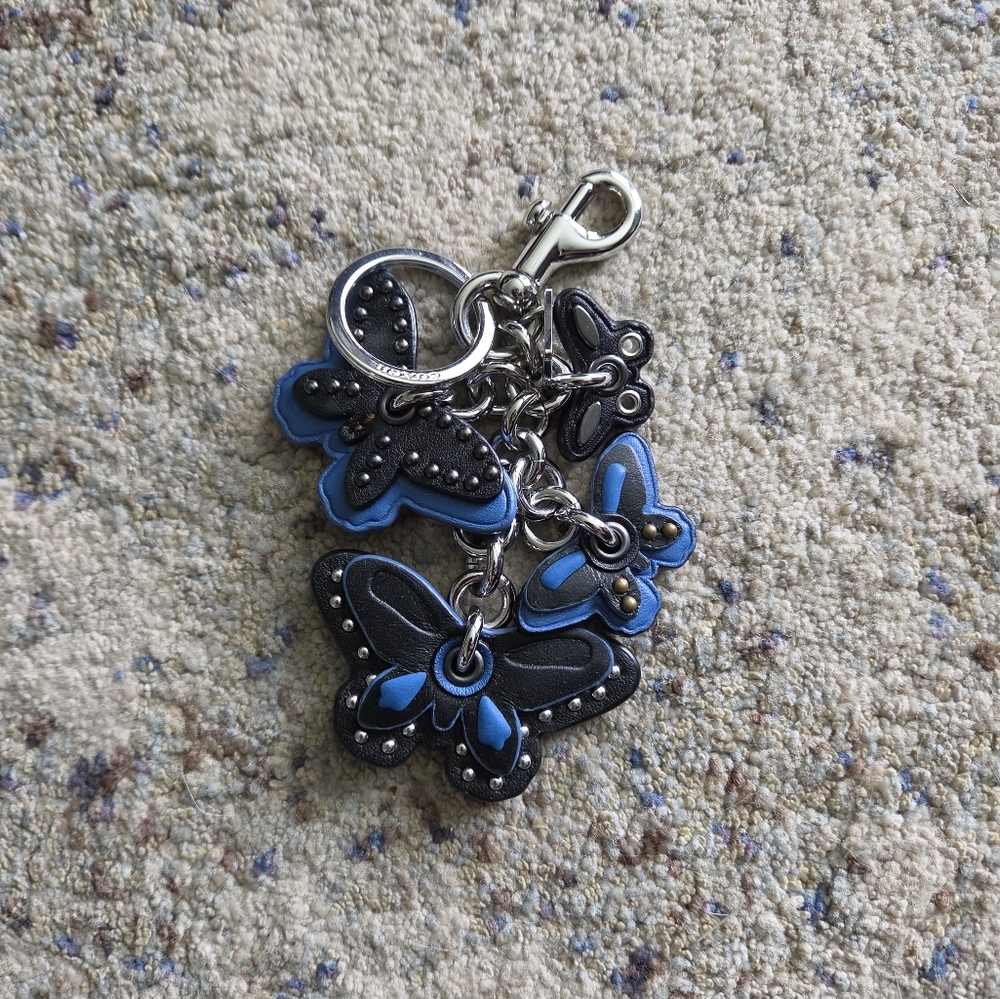 Coach Black and Blue Butterfly Leather Bag Charm Keychain With Silver Hardware